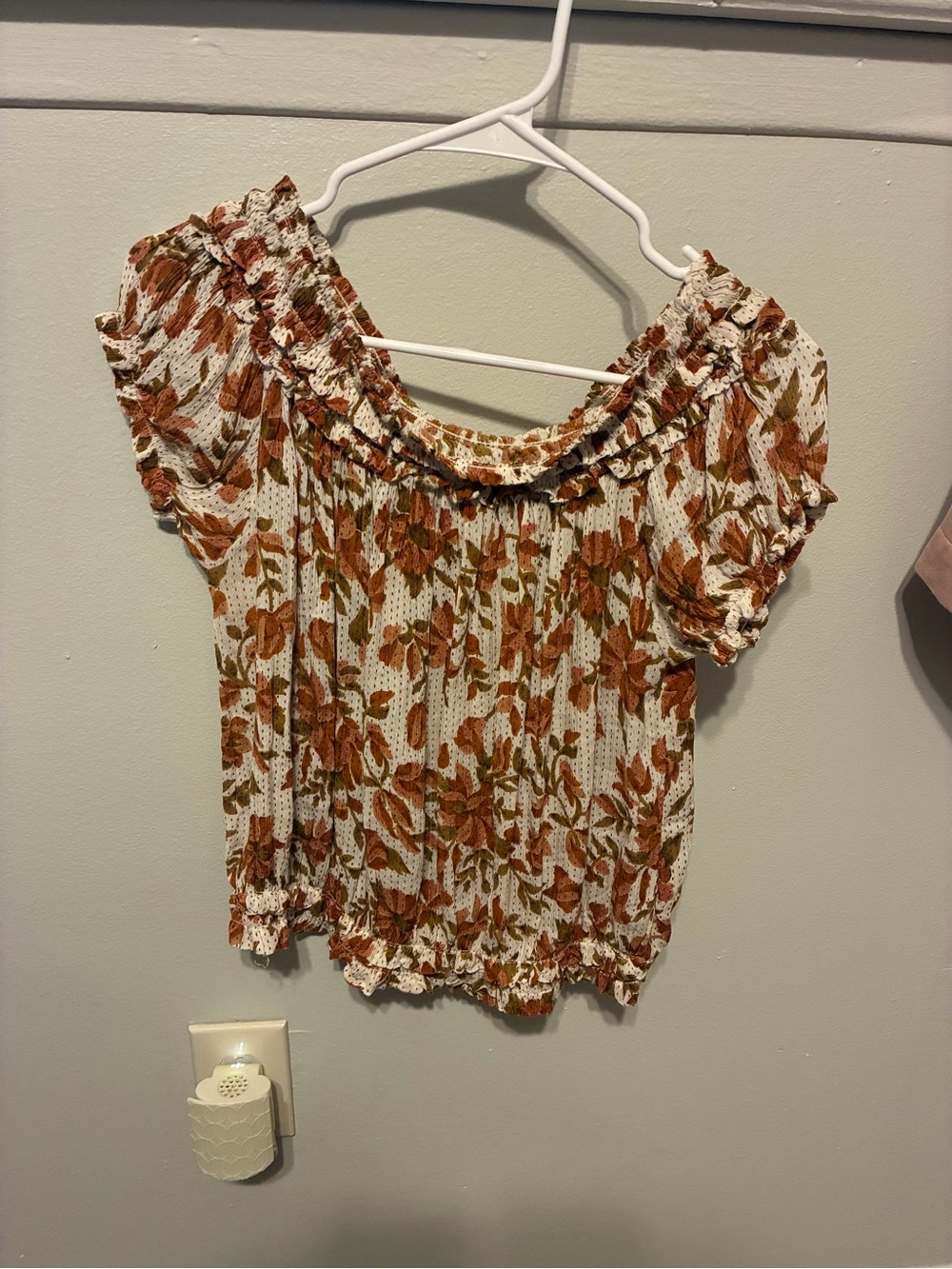 Free People Cream Floral Smocked Ruffle Off-Shoulder Top